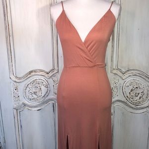 Lulu’s Terra Cotta Jersey Knit Spaghetti Strap Empire Double Leg Split Front